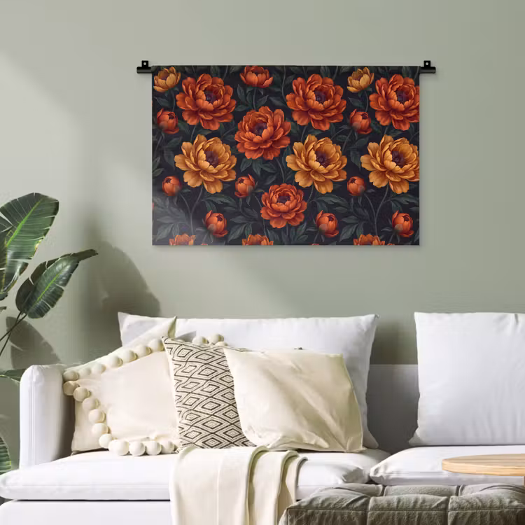 Bloemen - Bladeren - Natuur - Modern - Oranje Wandkleed katoen klein -sfeer7