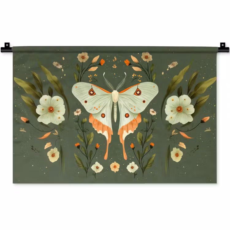 Bloemen - Bladeren - Olijfgroen - Vlinder Wandkleed katoen klein -zz3d