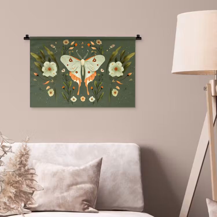 Bloemen - Bladeren - Olijfgroen - Vlinder Wandkleed katoen klein -sfeer4