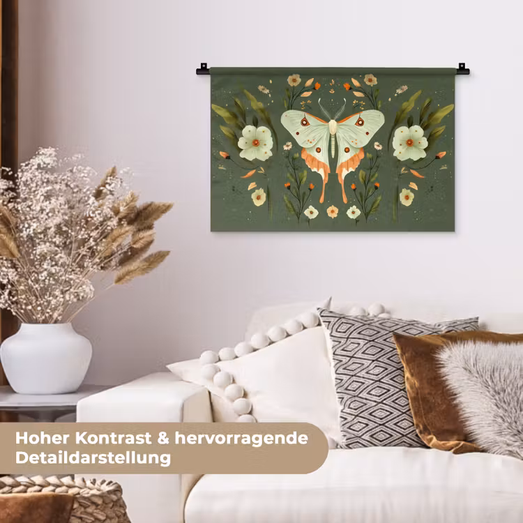 Bloemen - Bladeren - Olijfgroen - Vlinder Wandkleed katoen klein -tsfeer1_DE