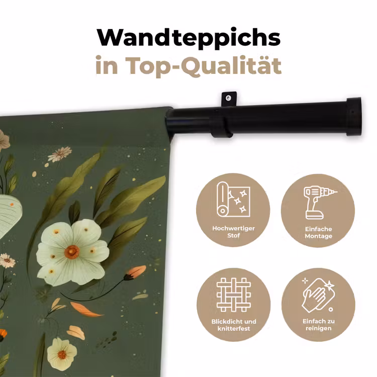 Bloemen - Bladeren - Olijfgroen - Vlinder Wandkleed katoen klein -tsfeer2_DE