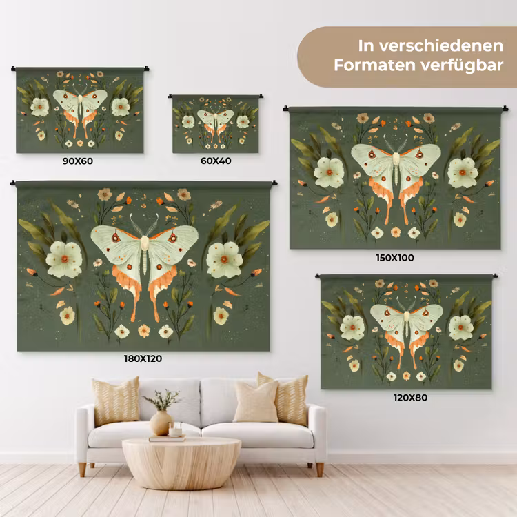 Bloemen - Bladeren - Olijfgroen - Vlinder Wandkleed katoen klein -tsfeer8_DE