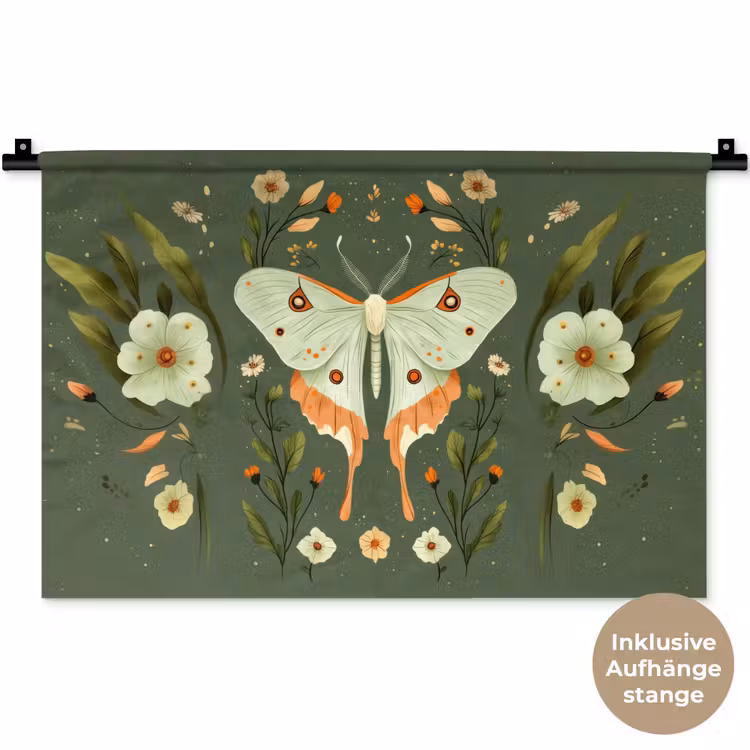 Bloemen - Bladeren - Olijfgroen - Vlinder Wandkleed katoen klein -t3d_DE