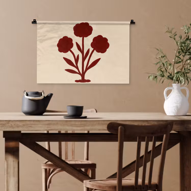 Bloemen - Bladeren - Rood - Minimalistisch Wandkleed katoen klein -sfeer6