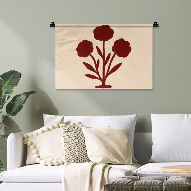Bloemen - Bladeren - Rood - Minimalistisch Wandkleed katoen klein -sfeer7