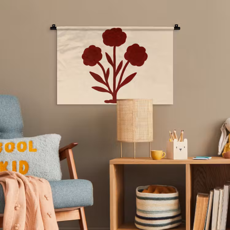 Bloemen - Bladeren - Rood - Minimalistisch Wandkleed katoen klein -wsfeer4_kind