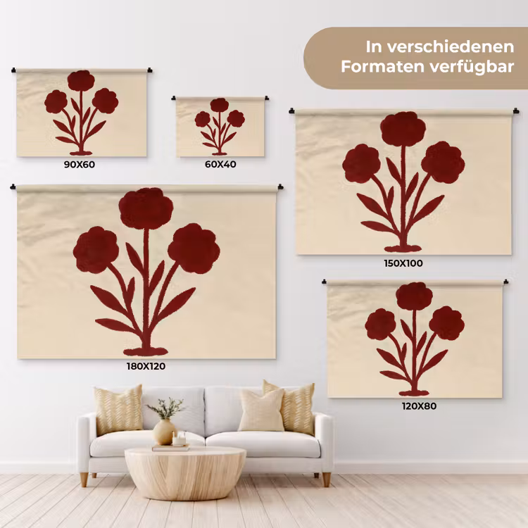 Bloemen - Bladeren - Rood - Minimalistisch Wandkleed katoen klein -tsfeer8_DE