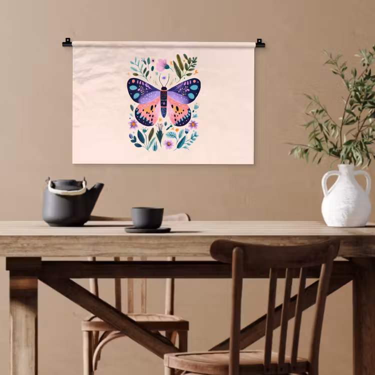 Bloemen - Bladeren - Vlinder - Kleurrijk Wandkleed katoen klein -sfeer6