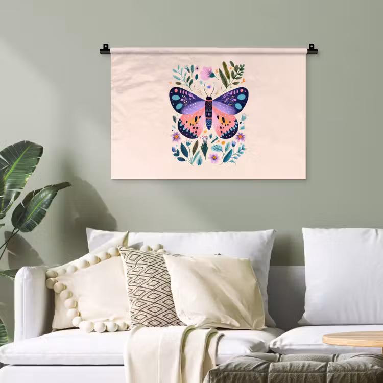 Bloemen - Bladeren - Vlinder - Kleurrijk Wandkleed katoen klein -sfeer7