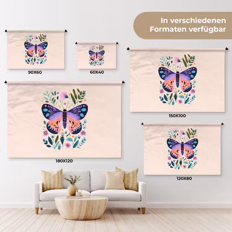 Bloemen - Bladeren - Vlinder - Kleurrijk Wandkleed katoen klein -tsfeer8_DE