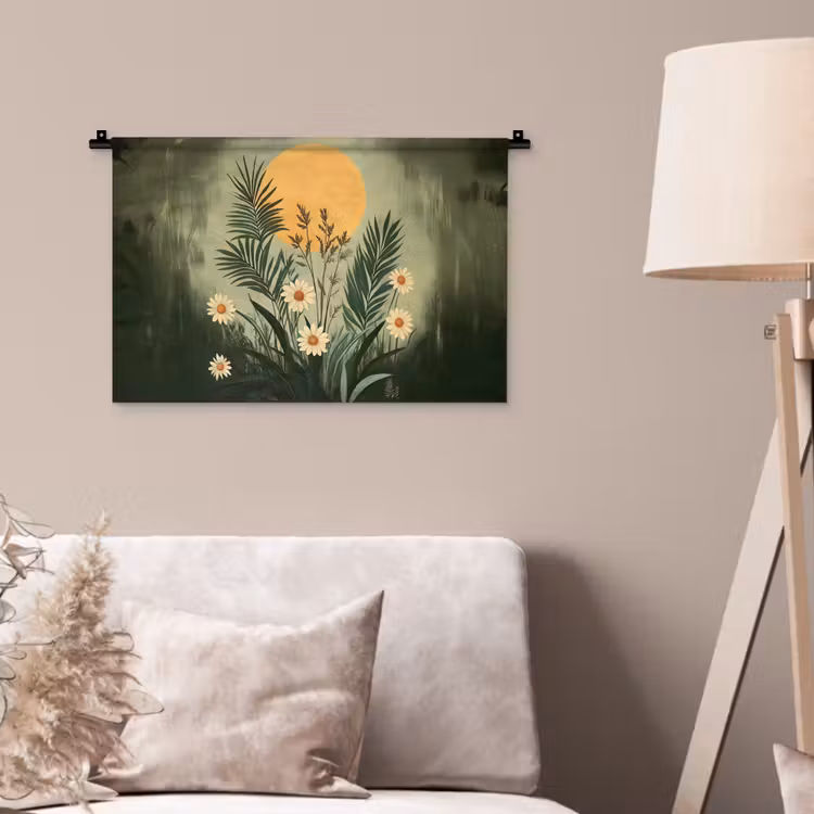 Bloemen - Bladeren - Zon - Groen Wandkleed katoen klein -sfeer4