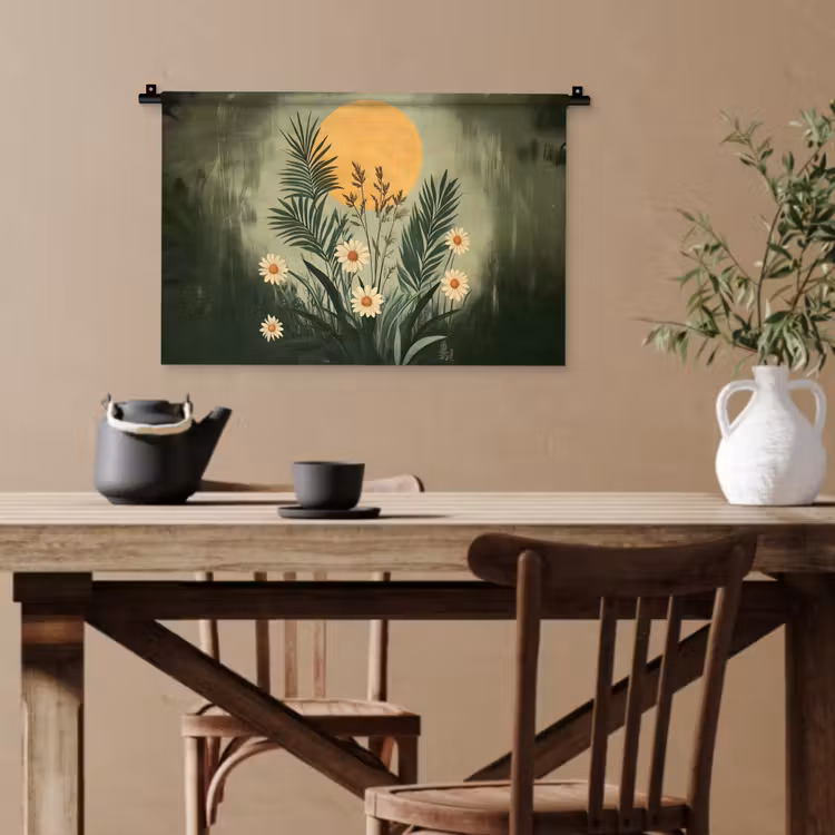 Bloemen - Bladeren - Zon - Groen Wandkleed katoen klein -sfeer6