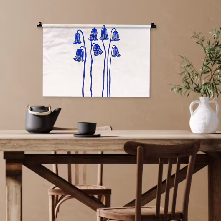 Bloemen - Blauw - Lijnen - Bloemblaadjes Wandkleed katoen klein -sfeer6