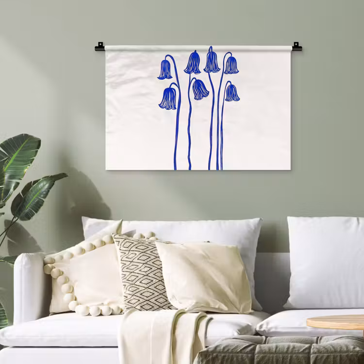 Bloemen - Blauw - Lijnen - Bloemblaadjes Wandkleed katoen klein -sfeer7