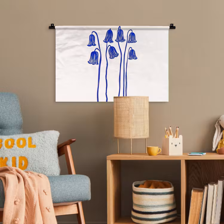 Bloemen - Blauw - Lijnen - Bloemblaadjes Wandkleed katoen klein -wsfeer4_kind