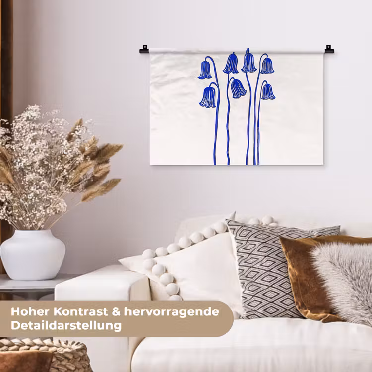 Bloemen - Blauw - Lijnen - Bloemblaadjes Wandkleed katoen klein -tsfeer1_DE