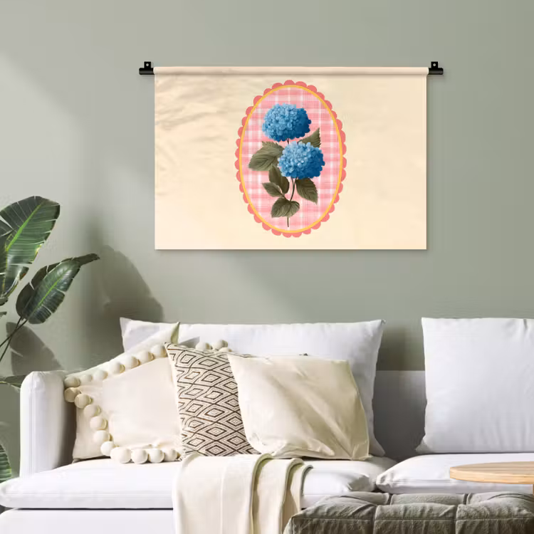 Bloemen - Blauw - Lijst - Bladeren Wandkleed katoen klein -sfeer7