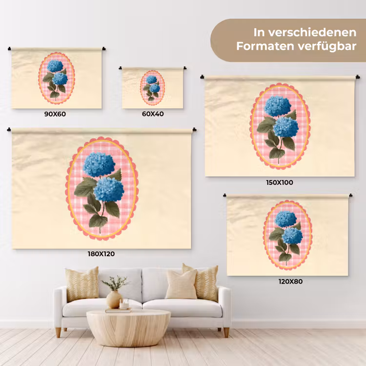 Bloemen - Blauw - Lijst - Bladeren Wandkleed katoen klein -tsfeer8_DE