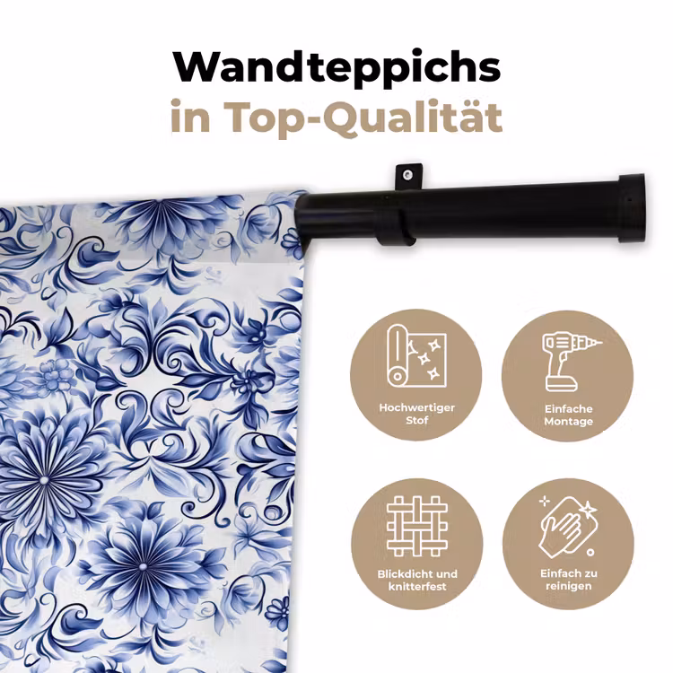 Bloemen - Blauw - Patroon - Wit Wandkleed katoen klein 269 -tsfeer2_DE