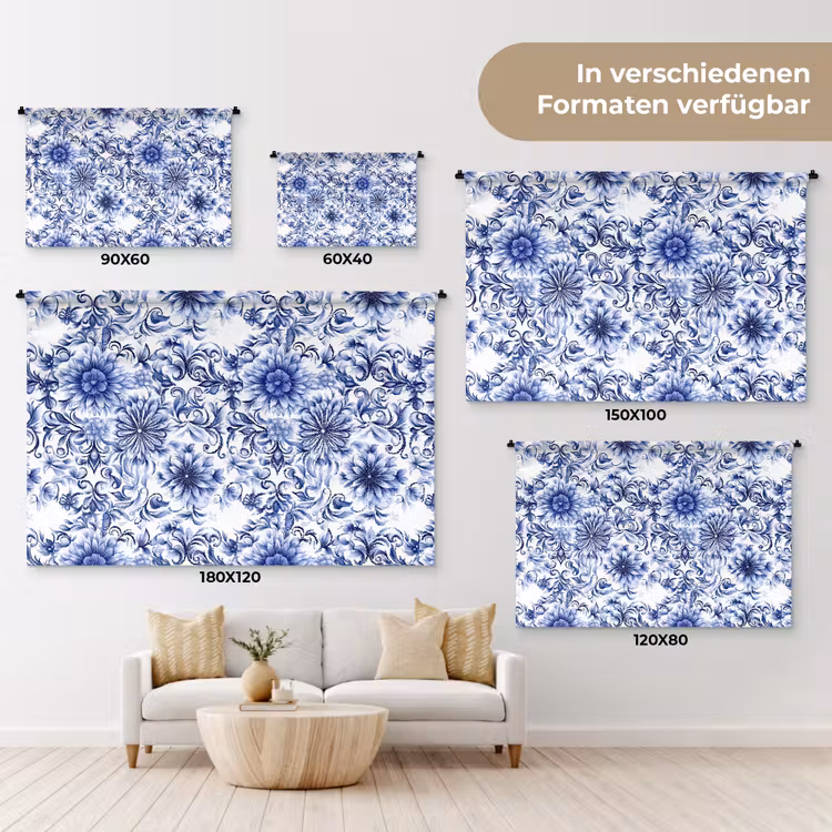 Bloemen - Blauw - Patroon - Wit Wandkleed katoen klein 269 -tsfeer8_DE