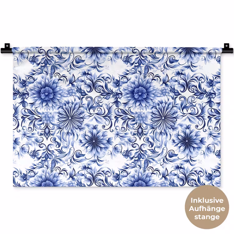 Bloemen - Blauw - Patroon - Wit Wandkleed katoen klein 269 -t3d_DE