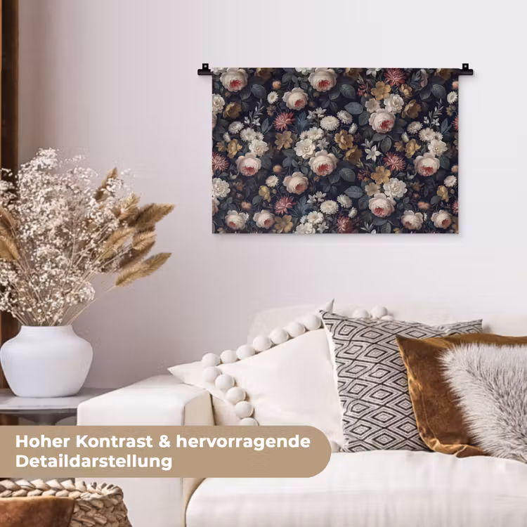 Bloemen - Boeket - Botanisch - Vintage - Donkere achtergrond Wandkleed katoen klein -tsfeer1_DE