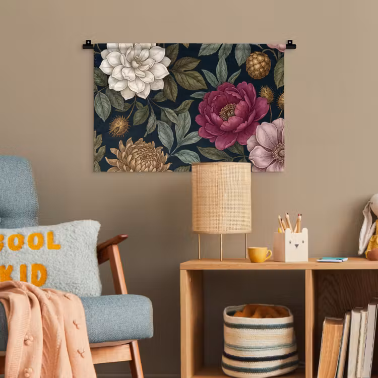 Bloemen - Botanisch - Illustratie - Donker - Vintage Wandkleed katoen klein -wsfeer4_kind