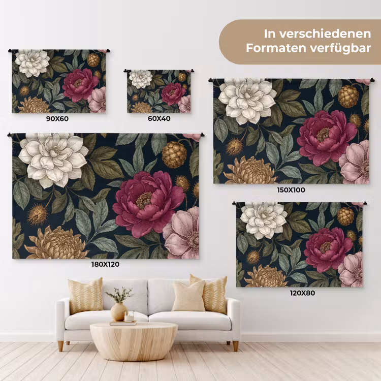 Bloemen - Botanisch - Illustratie - Donker - Vintage Wandkleed katoen klein -tsfeer8_DE