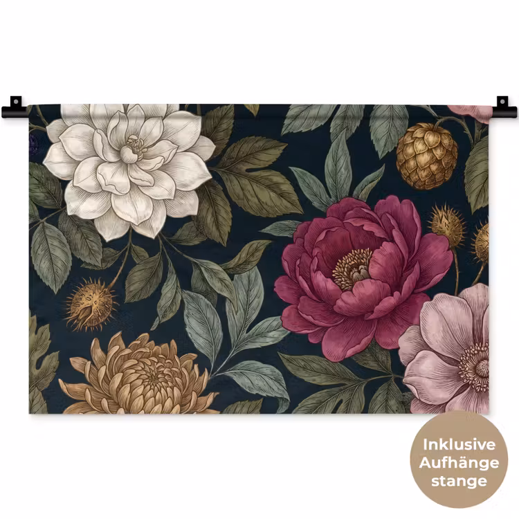 Bloemen - Botanisch - Illustratie - Donker - Vintage Wandkleed katoen klein -t3d_DE
