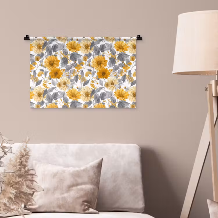 Bloemen - Botanisch - Elegant - Okergeel - Grijs Wandkleed katoen klein 269 -sfeer4