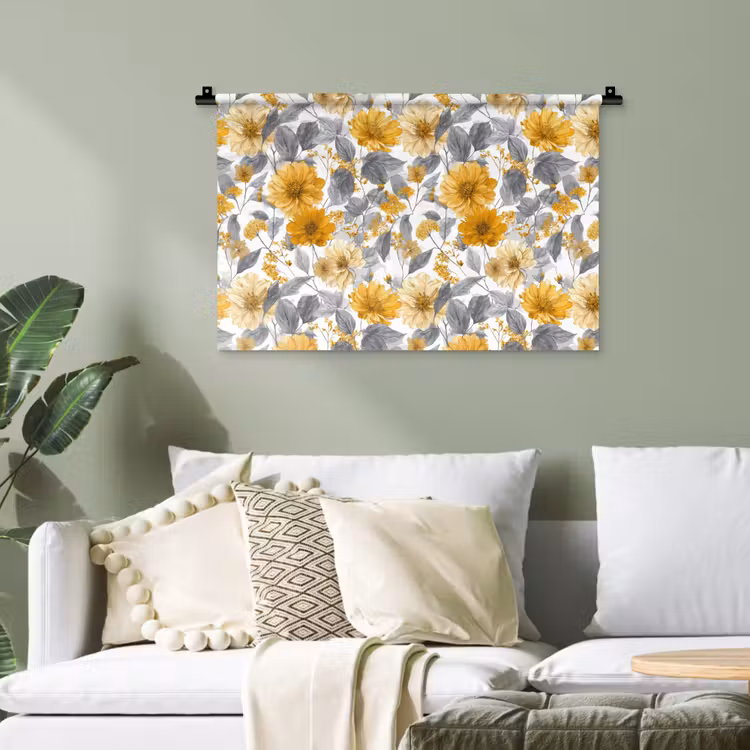 Bloemen - Botanisch - Elegant - Okergeel - Grijs Wandkleed katoen klein 269 -sfeer7