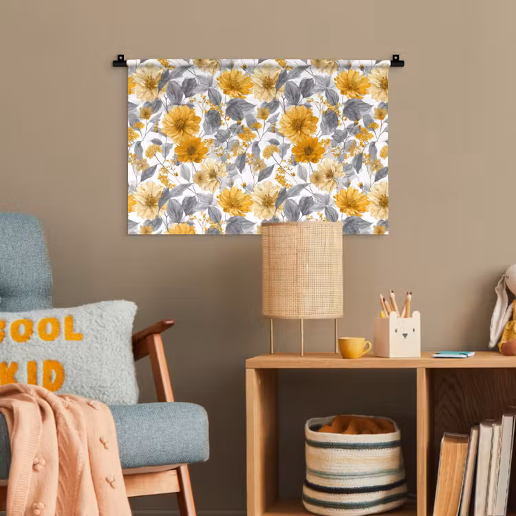 Bloemen - Botanisch - Elegant - Okergeel - Grijs Wandkleed katoen klein 269 -wsfeer4_kind