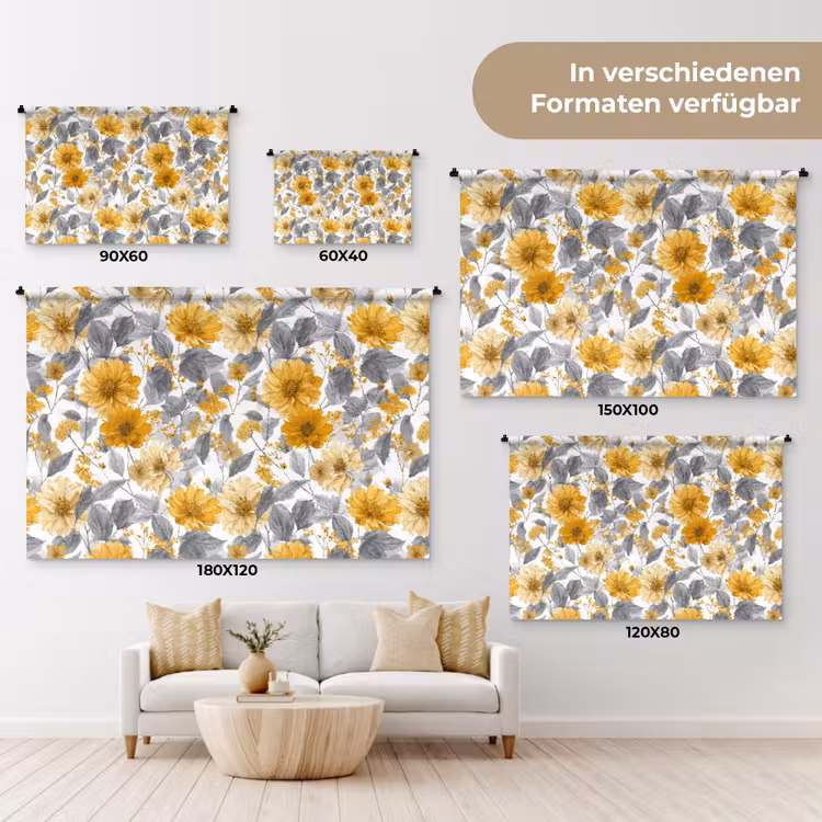 Bloemen - Botanisch - Elegant - Okergeel - Grijs Wandkleed katoen klein 269 -tsfeer8_DE