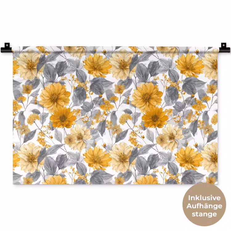 Bloemen - Botanisch - Elegant - Okergeel - Grijs Wandkleed katoen klein 269 -t3d_DE