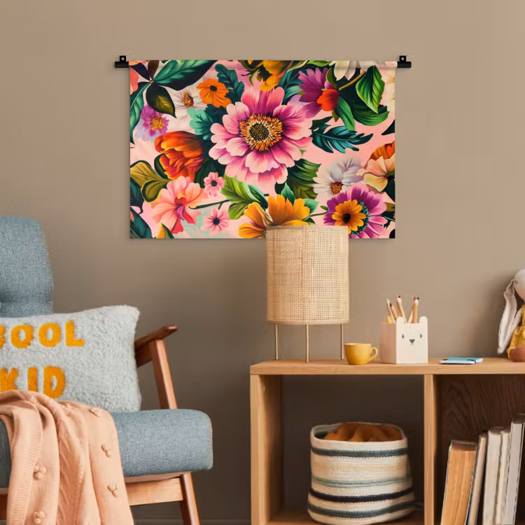 Bloemen - Kleurrijk - Roze Wandkleed katoen klein -wsfeer4_kind