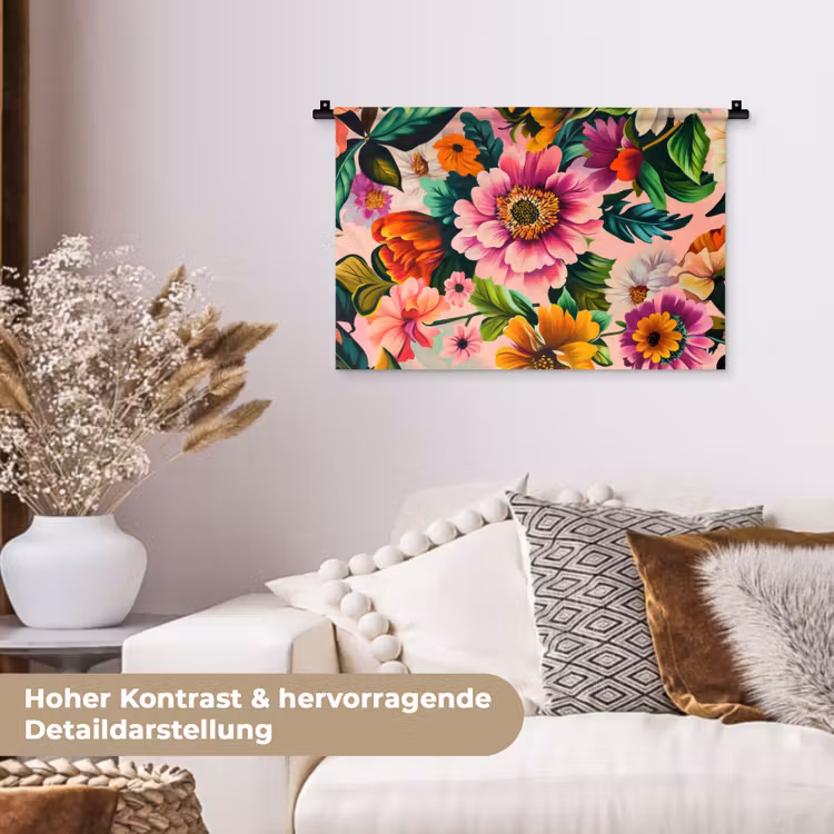 Bloemen - Kleurrijk - Roze Wandkleed katoen klein -tsfeer1_DE