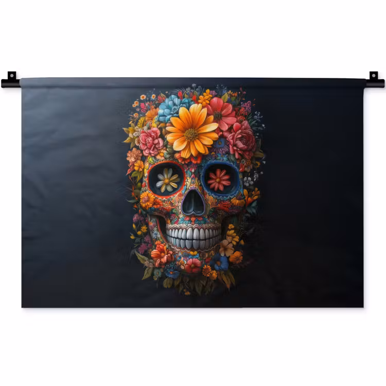 Bloemen - Kleurrijk - Schedel Wandkleed katoen klein -zz3d