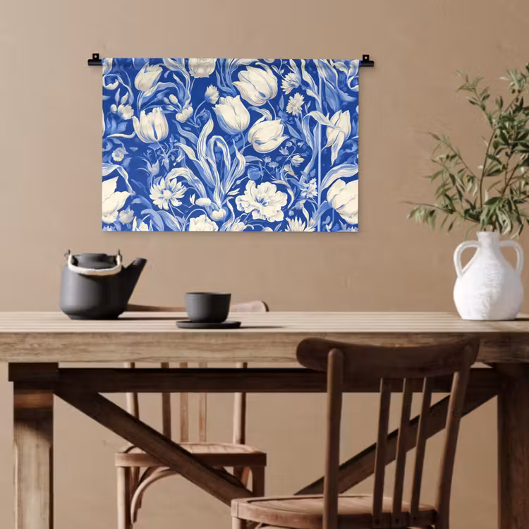 Bloemen - Delfts Blauw - Patroon - Tulp Wandkleed katoen klein -sfeer6