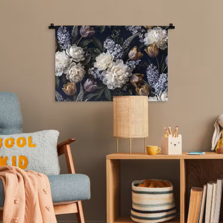 Bloemen - Donker - Elegant - Natuur - Wit Wandkleed katoen klein -wsfeer4_kind
