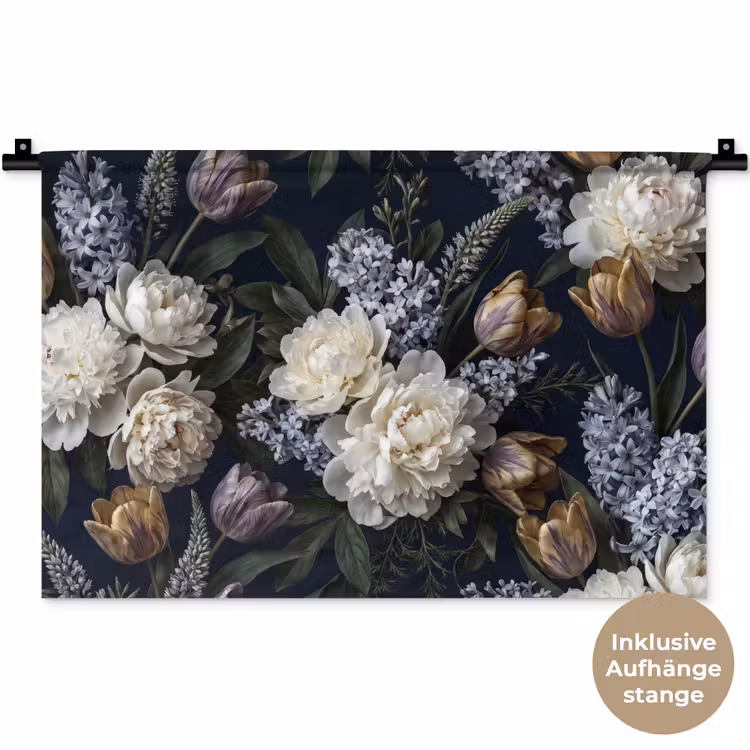 Bloemen - Donker - Elegant - Natuur - Wit Wandkleed katoen klein -t3d_DE