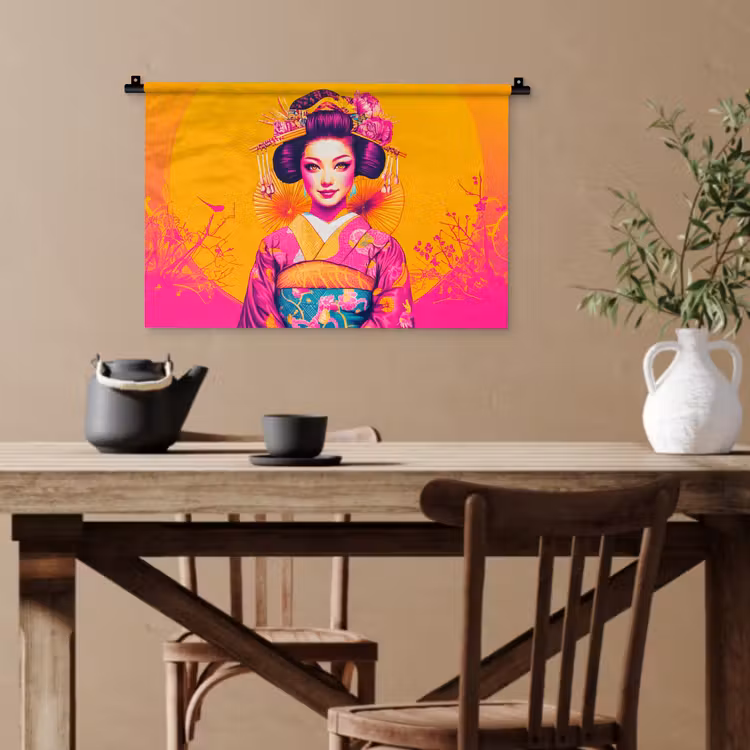 Bloemen - Vrouw - Kimono - Roze Wandkleed katoen klein -sfeer6