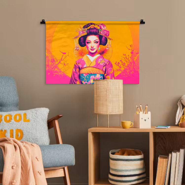 Bloemen - Vrouw - Kimono - Roze Wandkleed katoen klein -wsfeer4_kind