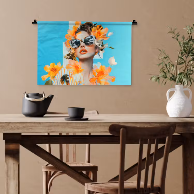 Bloemen - Vrouw - Zonnebril - Blauw Wandkleed katoen klein -sfeer6