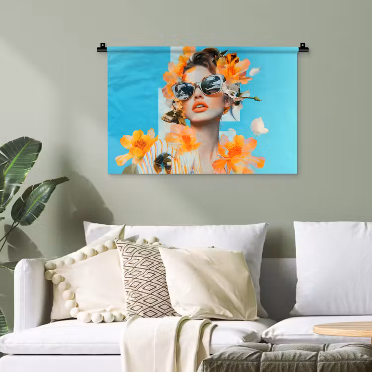 Bloemen - Vrouw - Zonnebril - Blauw Wandkleed katoen klein -sfeer7
