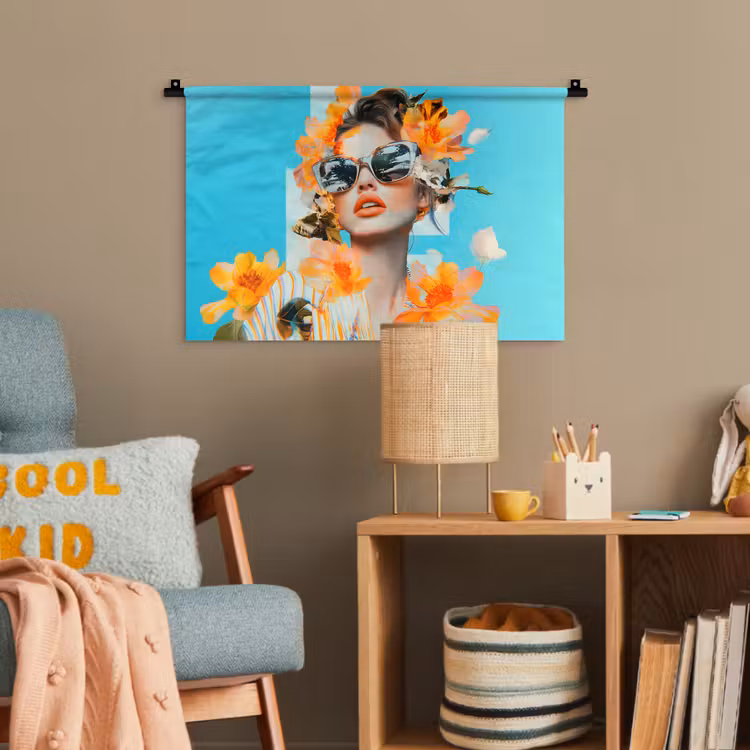 Bloemen - Vrouw - Zonnebril - Blauw Wandkleed katoen klein -wsfeer4_kind