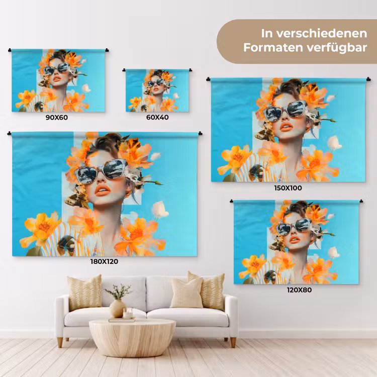 Bloemen - Vrouw - Zonnebril - Blauw Wandkleed katoen klein -tsfeer8_DE