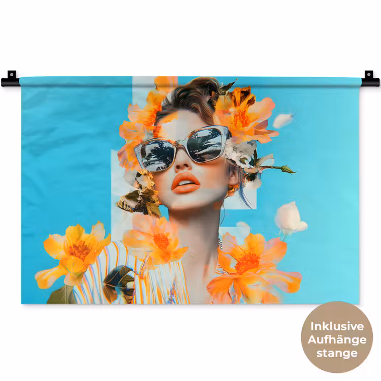 Bloemen - Vrouw - Zonnebril - Blauw Wandkleed katoen klein -t3d_DE