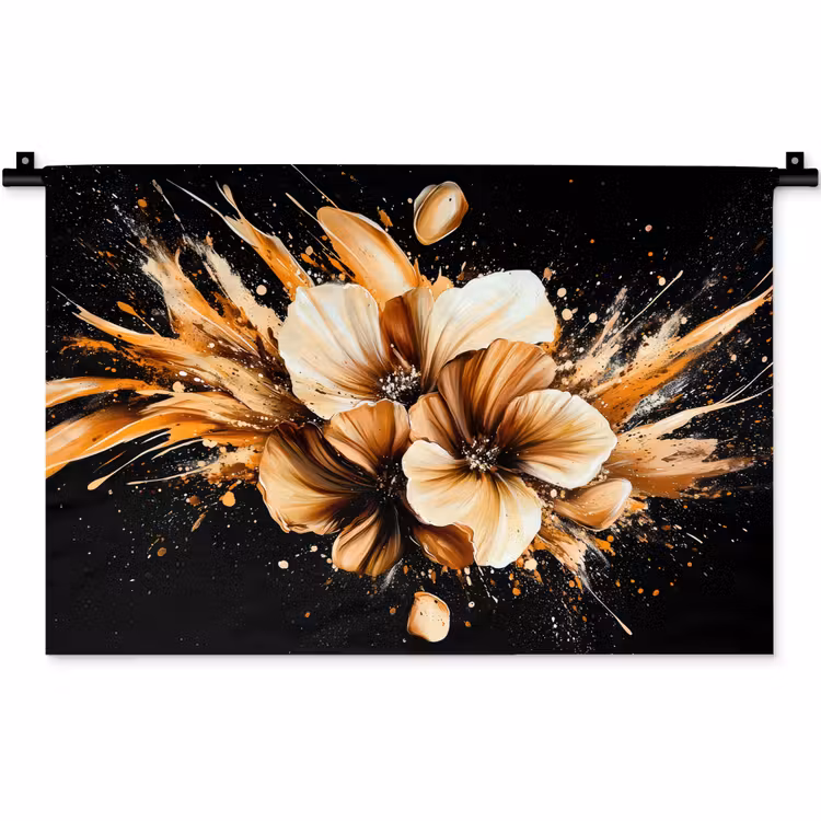 Bloemen - Goud - Graffiti - Zwart - Abstract Wandkleed katoen klein -zz3d