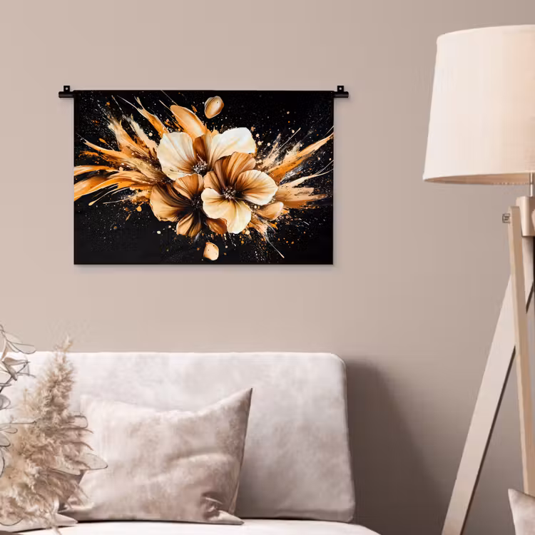 Bloemen - Goud - Graffiti - Zwart - Abstract Wandkleed katoen klein -sfeer4