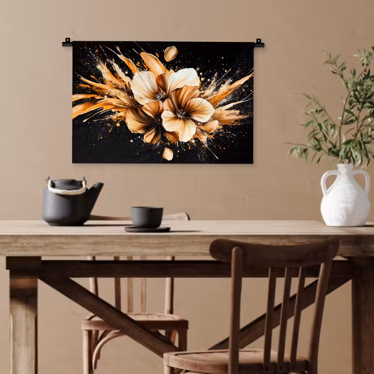 Bloemen - Goud - Graffiti - Zwart - Abstract Wandkleed katoen klein -sfeer6